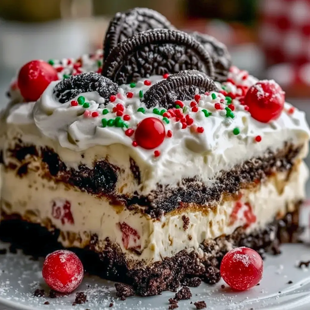 Close-up of a sliced no-bake Oreo lasagna showing distinct Oreo crust, creamy layers, and festive sprinkles — a great example of Christmas Dessert Ideas Easy Simple and a no-oven twist on Christmas Dessert Ideas Cake, ideal for Christmas Desserts Chocolate lovers and one of the best Christmas No Bake Desserts, Festive Christmas Desserts.