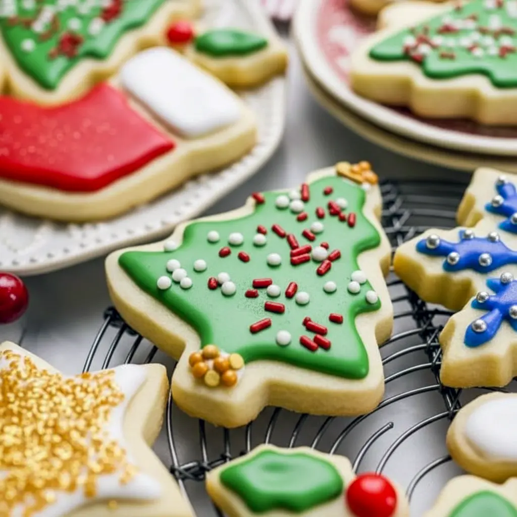 Assorted thick, soft cutout sugar cookies iced with pastel royal icing and snowflake sprinkles on a white cooling rack, Soft Cutout Sugar Cookie Recipe.