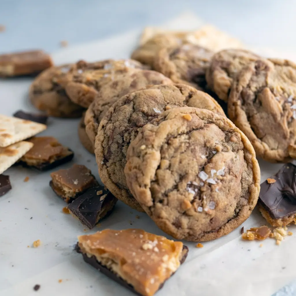 Chewy Christmas Cookies close-up: soft, golden cookies loaded with toffee bits — a festive Holidays Cookies option and delicious Non Traditional Christmas Cookies twist; works as Non Chocolate Christmas Cookies too, or pressed into Cookie Bars Recipes Christmas; labeled a Must Make Christmas Cookies for Christmas Bake Exchange Ideas, clever Bake Exchange Ideas, and Christmas Cookies For Exchange.