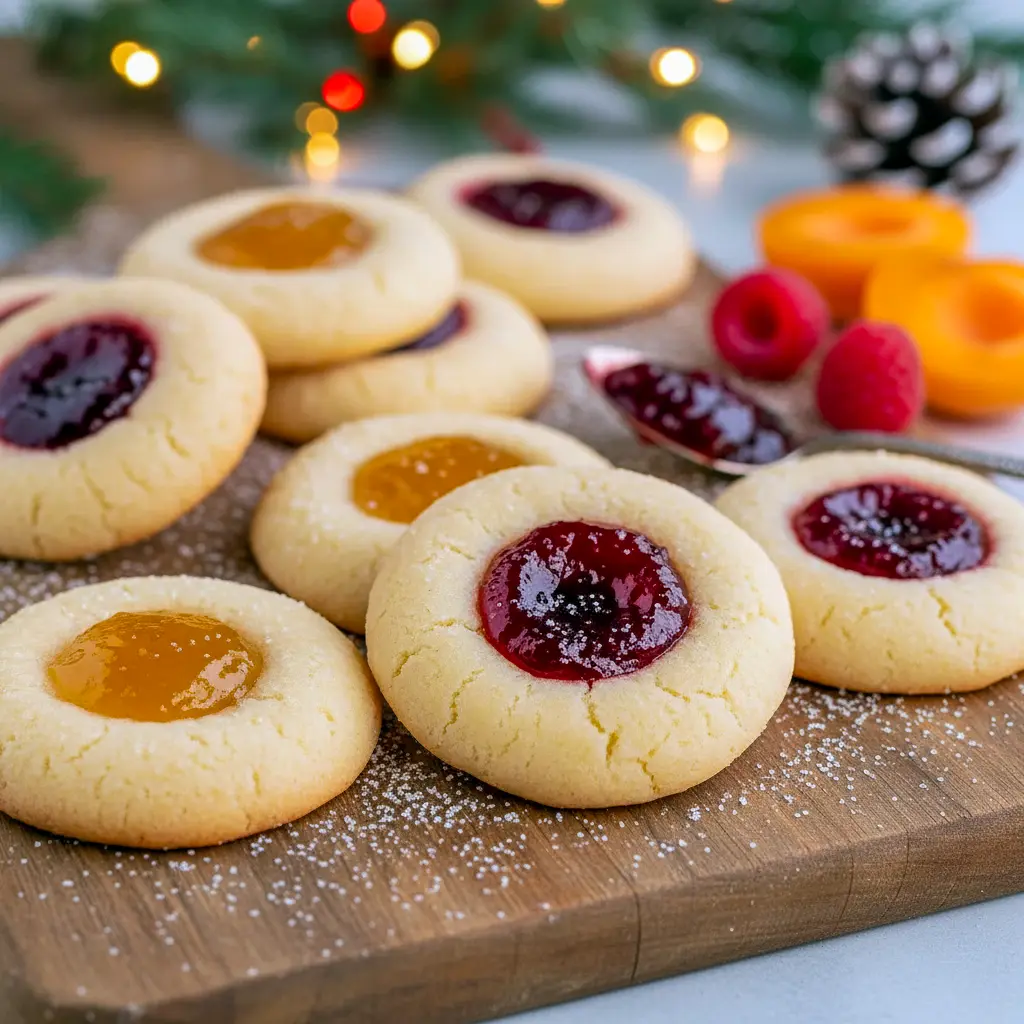Close-up of soft, golden thumbprint cookies filled with glossy raspberry jam, arranged on a festive plate, Christmas Simple Desserts.