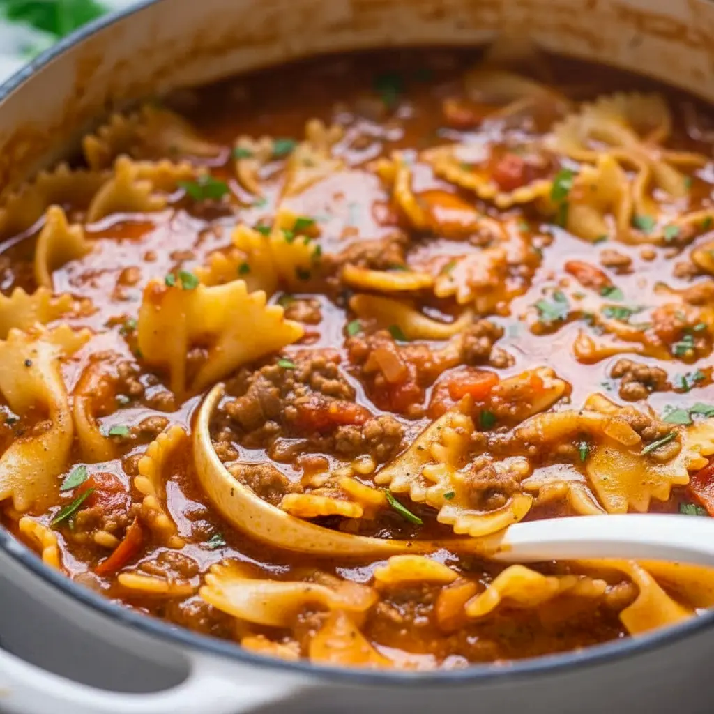 Hearty bowl of lasagna-style soup with bowtie pasta, browned beef, melted mozzarella, dollops of ricotta, grated Parmesan and chopped parsley, served with crusty bread, The Best Lasagna Soup.