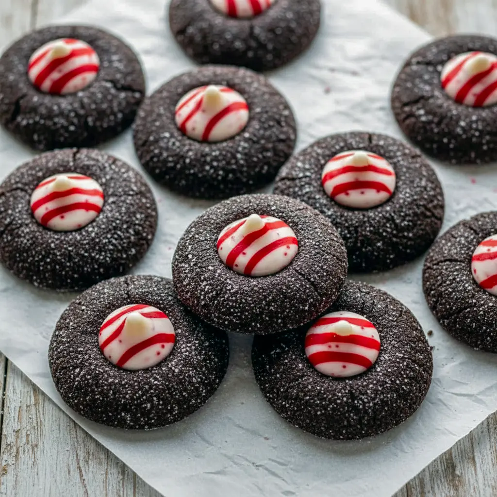 Close-up of a fudgy cookie with a white-striped Kiss pressed into the warm center, showcasing Chocolate Mint Blossoms with crushed candy cane, seasonal Peppermint Blossoms sparkle, and a single Peppermint Blossom in front, Chocolate Peppermint Blossoms.
