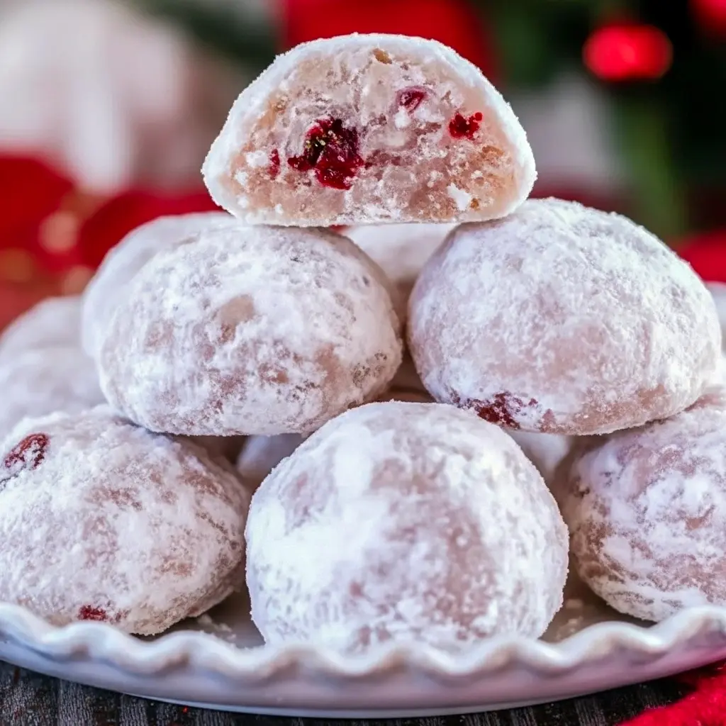 Close-up of powdered-sugar coated cherry cookies on a festive plate, with chopped pecans and red holiday sprinkles, Cherry Snowball Cookies Recipe.