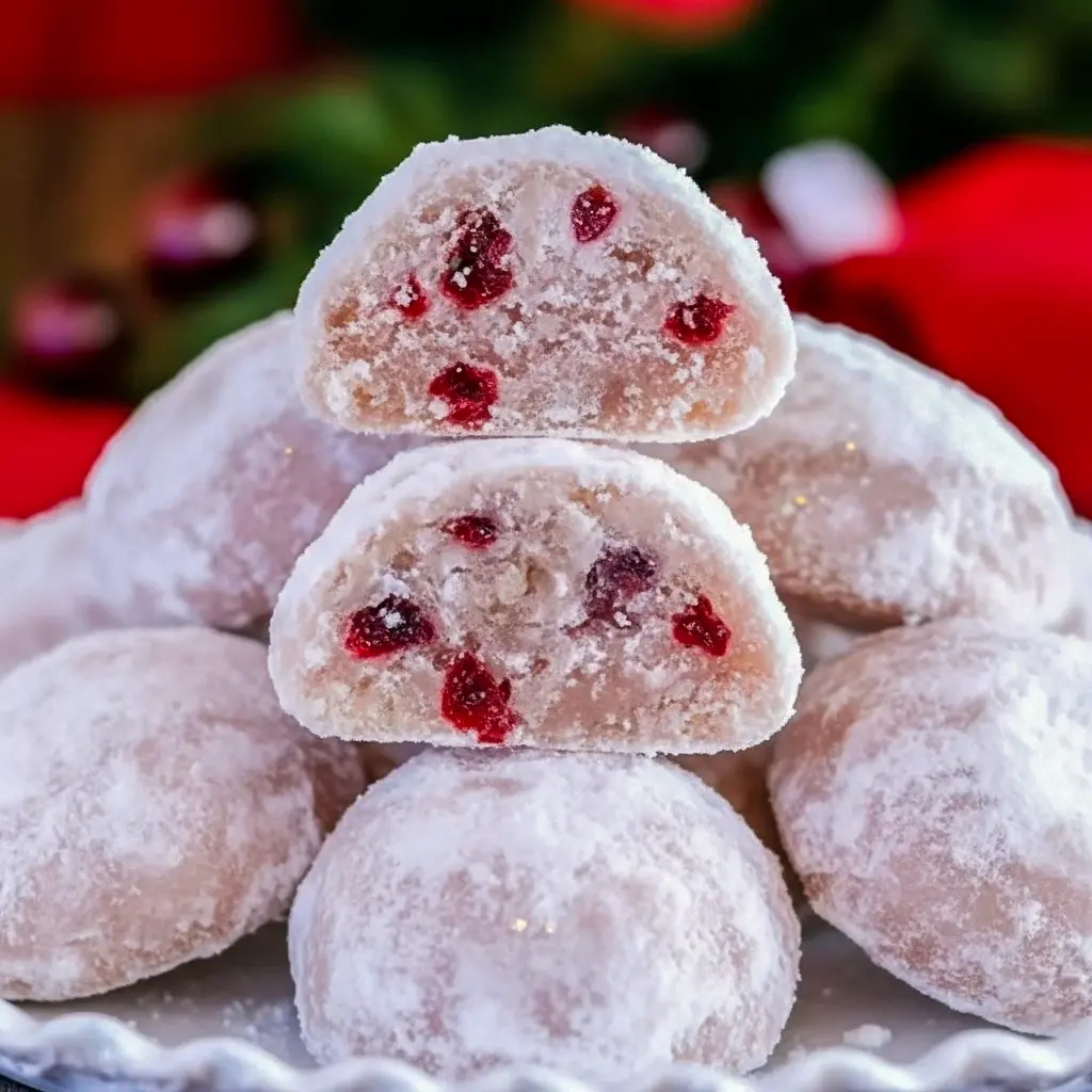 Close-up of powdered-sugar coated cherry cookies on a festive plate, with chopped pecans and red holiday sprinkles, Cherry Snowball Cookies Recipe.