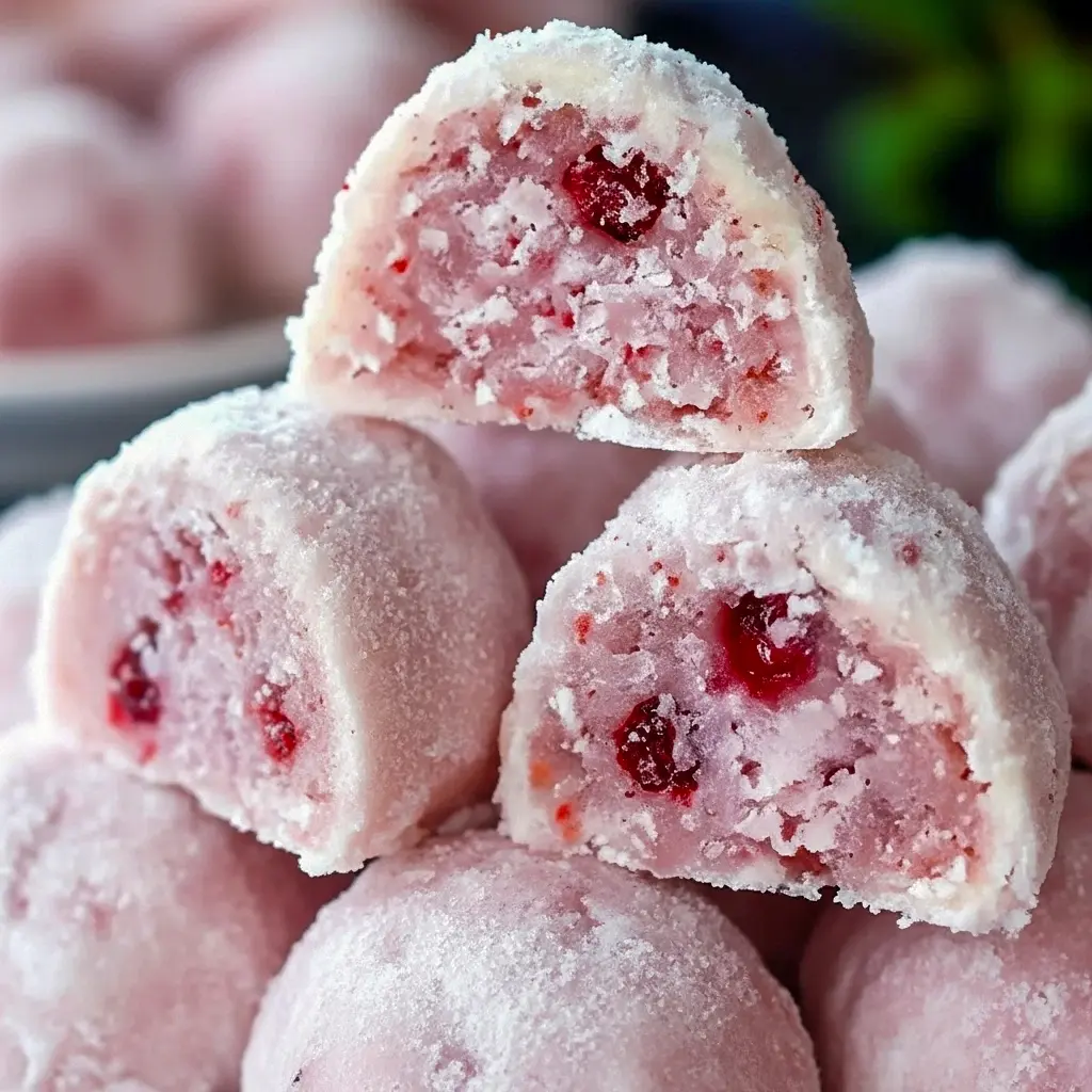 Close-up of powdered-sugar coated cherry cookies on a festive plate, with chopped pecans and red holiday sprinkles, Cherry Snowball Cookies Recipe.