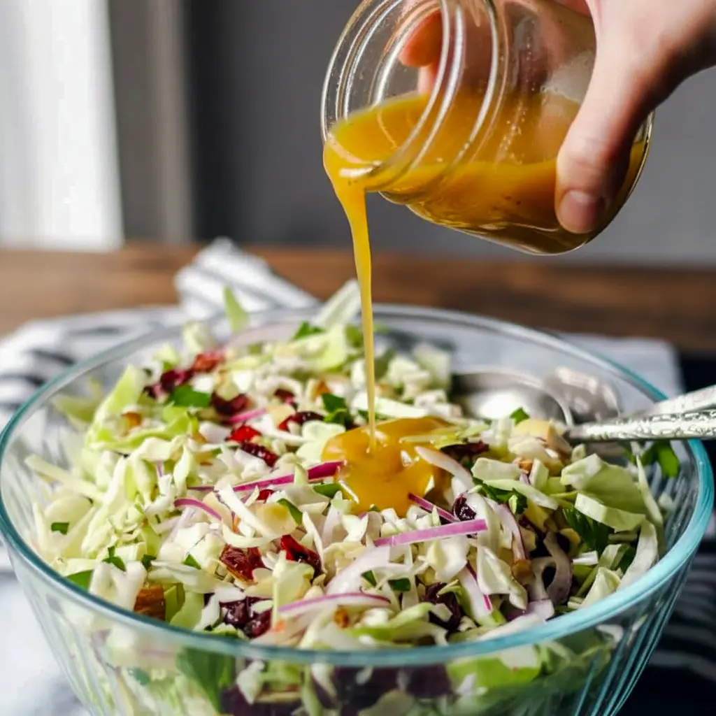Close-up of shredded cabbage slaw with dried cranberries and toasted almonds, drizzled in vinaigrette — great for Aderezos Para Ensaladas, shown as a simple Slaw Recipes idea and a bright option among Thanksgiving Dishes and Thanksgiving Sides, Fall Coleslaw With Apples.