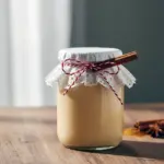 Jar of creamy eggnog jam beside buttered toast and a cinnamon stick, perfect for holiday breakfast, Breakfast Condiments.