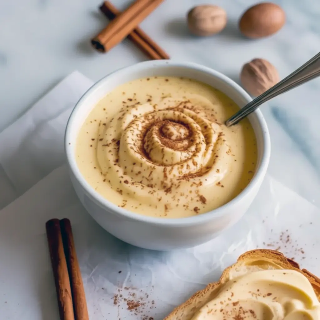 Jar of creamy eggnog jam beside buttered toast and a cinnamon stick, perfect for holiday breakfast, Breakfast Condiments.