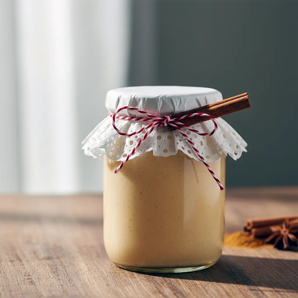 Jar of creamy eggnog jam beside buttered toast and a cinnamon stick, perfect for holiday breakfast, Breakfast Condiments.