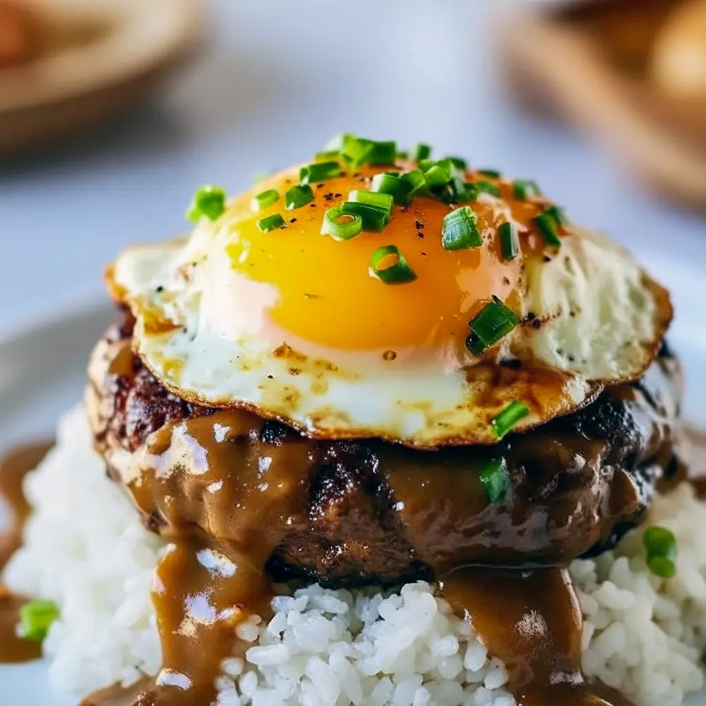 Plate with rice, a seared patty drenched in brown gravy and a fried egg on top — perfect for Ground Beef Recipes, a standout among Interesting Food Recipes, ideal for hearty Meat Recipes, and utterly Satisfying Food, Hawaiian Dishes.