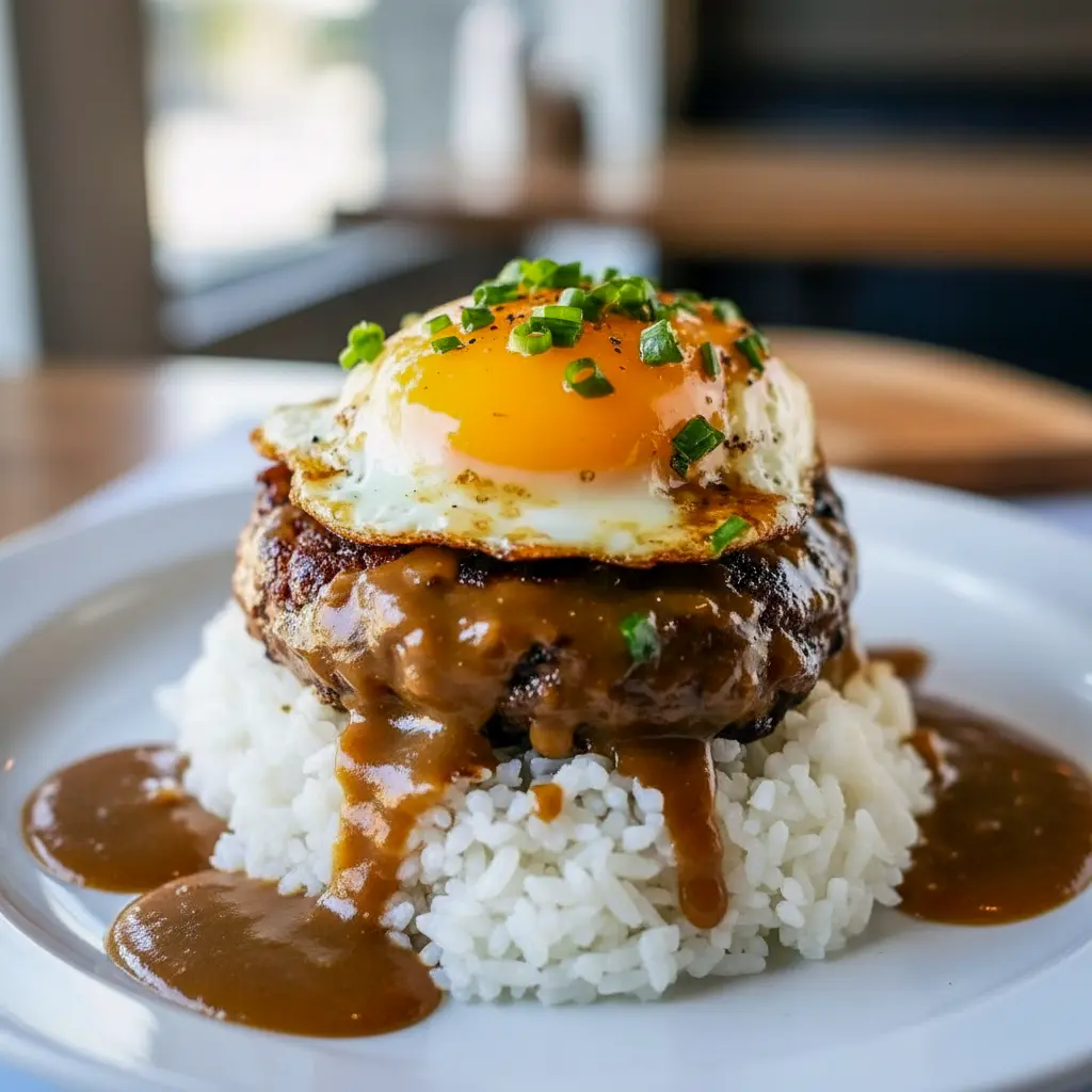 Plate with rice, a seared patty drenched in brown gravy and a fried egg on top — perfect for Ground Beef Recipes, a standout among Interesting Food Recipes, ideal for hearty Meat Recipes, and utterly Satisfying Food, Hawaiian Dishes.