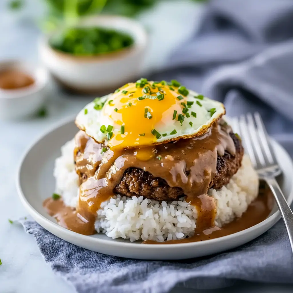 Plate with rice, a seared patty drenched in brown gravy and a fried egg on top — perfect for Ground Beef Recipes, a standout among Interesting Food Recipes, ideal for hearty Meat Recipes, and utterly Satisfying Food, Hawaiian Dishes.