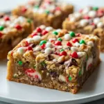 Overhead shot of an 9x13 pan of golden-brown Christmas cookie bars cut into squares, topped with colorful sprinkles and scattered chocolate chips, Holiday Cookie Tray.
