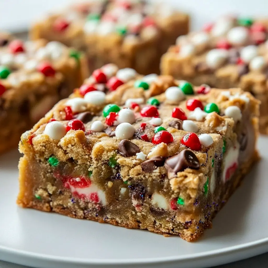 Overhead shot of an 9x13 pan of golden-brown Christmas cookie bars cut into squares, topped with colorful sprinkles and scattered chocolate chips, Holiday Cookie Tray.