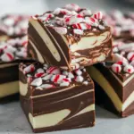 Close-up of neatly cut peppermint swirl fudge squares showing creamy white chocolate ribbons, dark chocolate base, and crushed candy cane topping, Holiday Cookie And Candy Recipes.