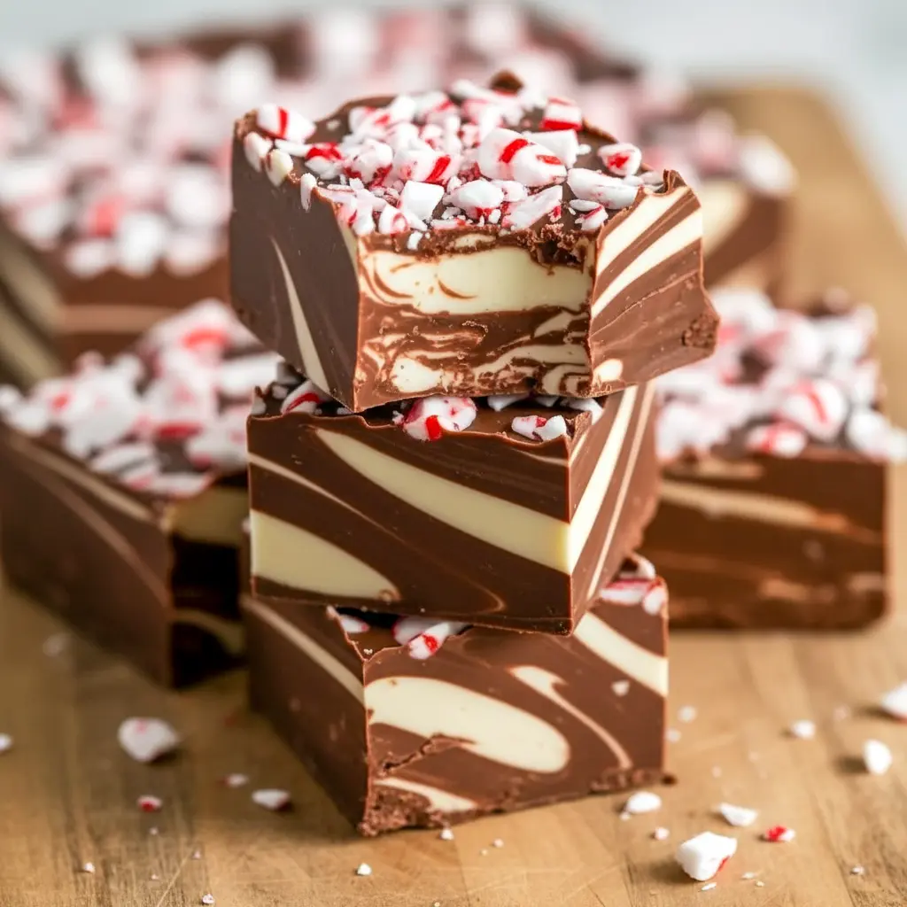 Close-up of neatly cut peppermint swirl fudge squares showing creamy white chocolate ribbons, dark chocolate base, and crushed candy cane topping, Holiday Cookie And Candy Recipes.