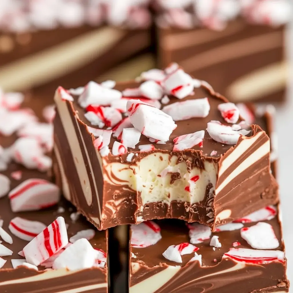 Close-up of neatly cut peppermint swirl fudge squares showing creamy white chocolate ribbons, dark chocolate base, and crushed candy cane topping, Holiday Cookie And Candy Recipes.