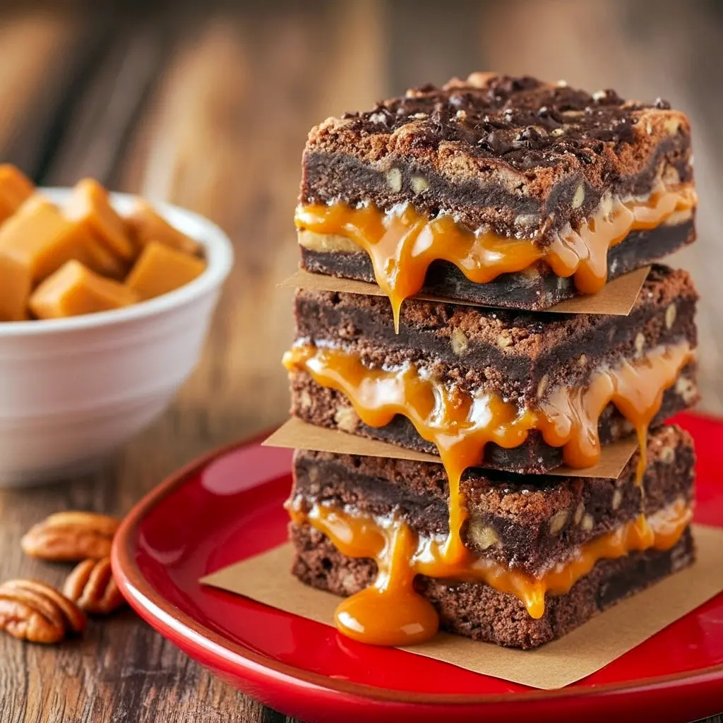 Close-up of gooey salted caramel brownies with crackled tops and caramel ribbons, cut into neat squares on parchment, Killer Brownie Recipe.