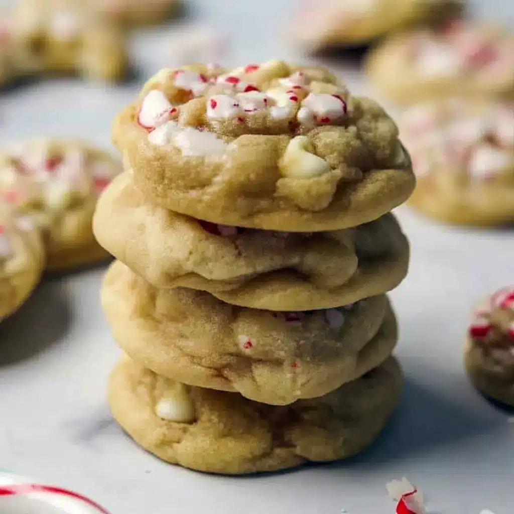 Close-up of warm white chocolate peppermint cookies on a festive plate, topped with crushed candy cane and a light dusting of sugar, Christmas Cookies With Peppermint.