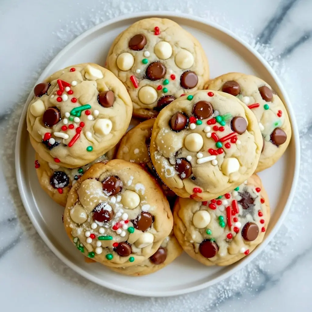 Close-up of chocolate chip cookies with white chocolate chips, red and green sprinkles, and a light dusting of powdered sugar on a white plate, Winter Wonderland Christmas Cookies.