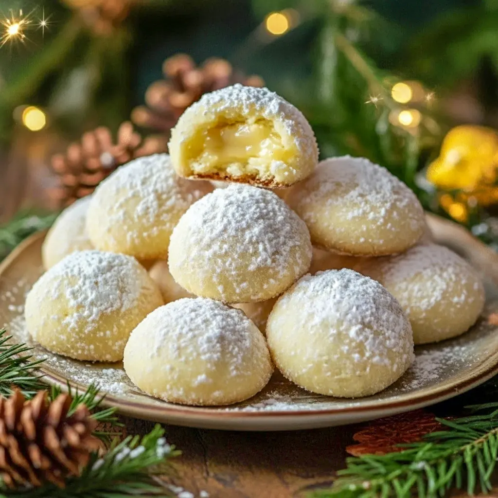 Lemon cream-filled snowball cookies dusted with powdered sugar, stacked on a holiday plate.