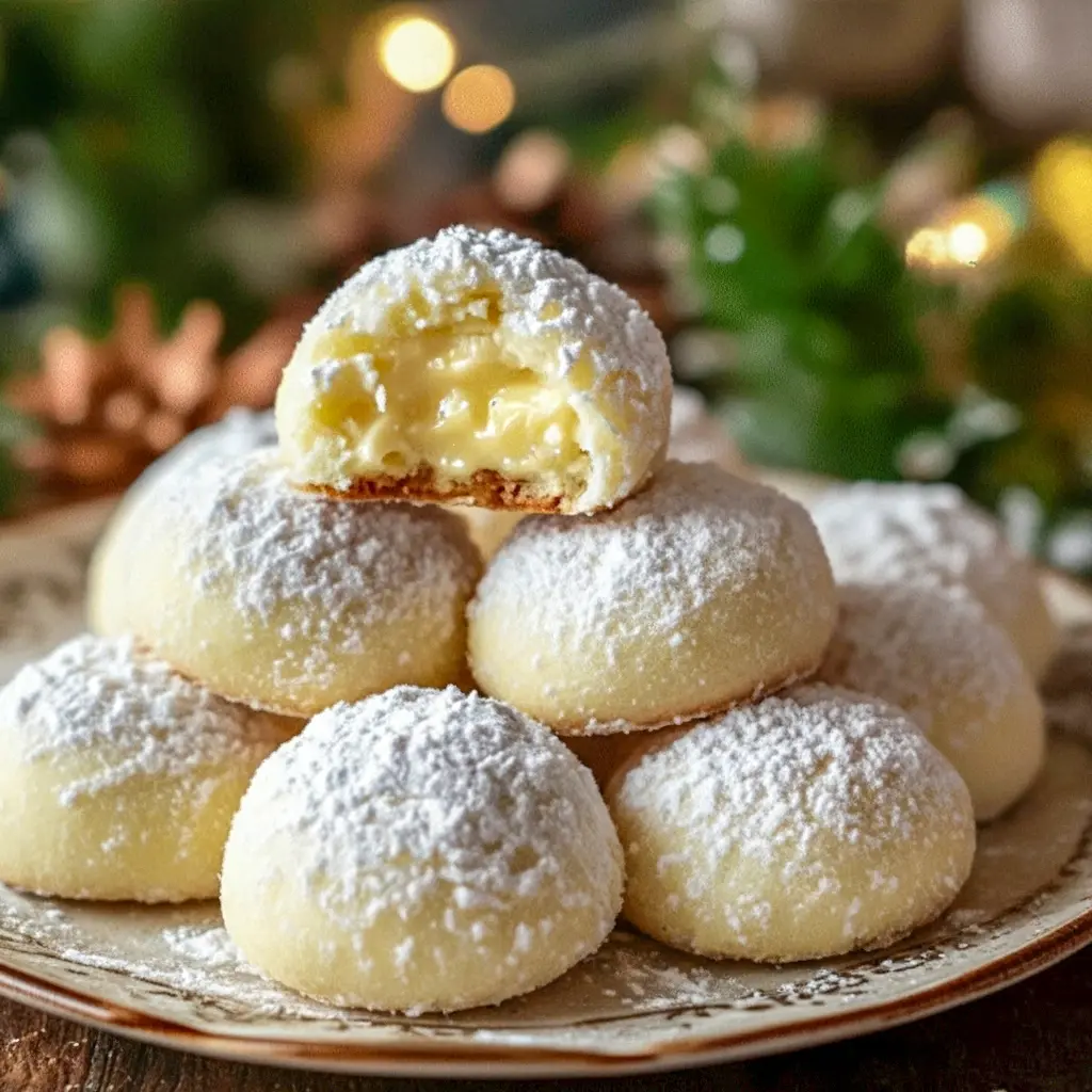 Lemon cream-filled snowball cookies dusted with powdered sugar, stacked on a holiday plate.