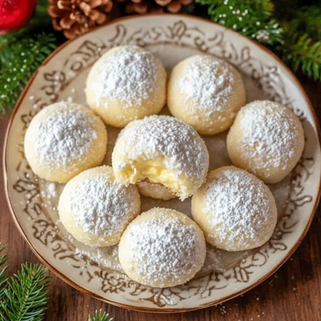 Lemon cream-filled snowball cookies dusted with powdered sugar, stacked on a holiday plate.