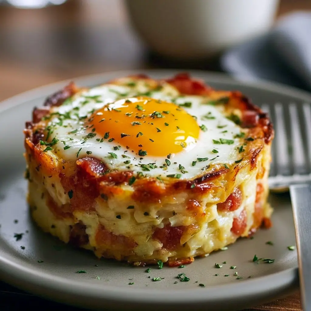 Breakfast And Brunch Ideas: golden baked eggs napoleon in puff pastry cups with spinach and melted cheese, garnished with chopped chives on a white plate.