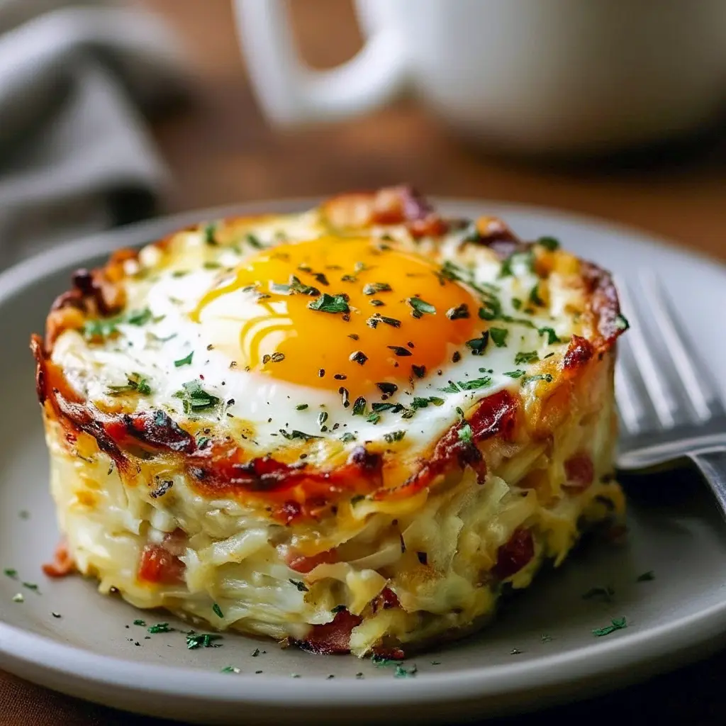 Breakfast And Brunch Ideas: golden baked eggs napoleon in puff pastry cups with spinach and melted cheese, garnished with chopped chives on a white plate.
