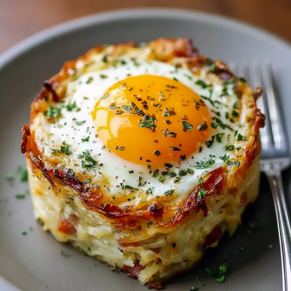 Breakfast And Brunch Ideas: golden baked eggs napoleon in puff pastry cups with spinach and melted cheese, garnished with chopped chives on a white plate.