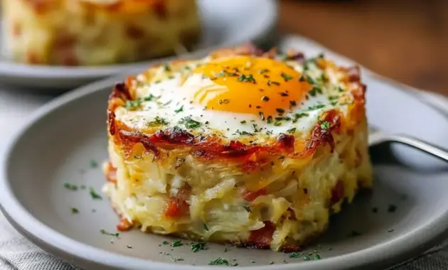 Breakfast And Brunch Ideas: golden baked eggs napoleon in puff pastry cups with spinach and melted cheese, garnished with chopped chives on a white plate.