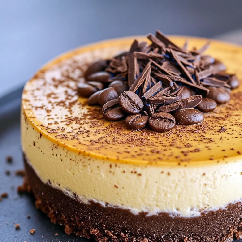 Slice of espresso-infused cheesecake with chocolate crust and a dusting of cocoa on a serving plate, Best Coffee Cheesecake.