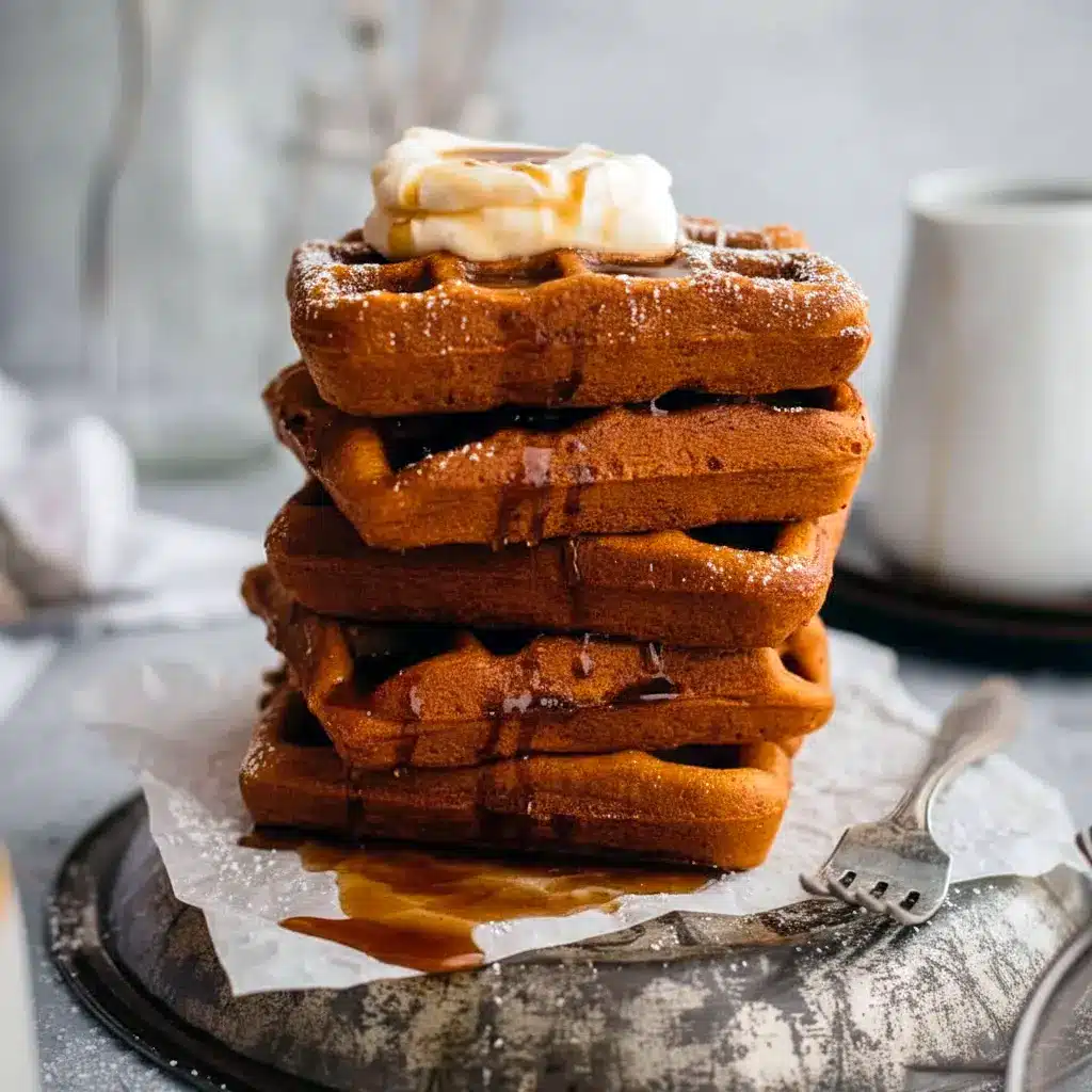 Stack of golden Best Gingerbread Waffles topped with whipped cream and syrup, styled for a cozy Christmas Breakfast Waffles spread.