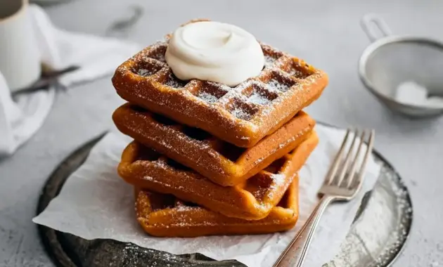 Stack of golden Best Gingerbread Waffles topped with whipped cream and syrup, styled for a cozy Christmas Breakfast Waffles spread.