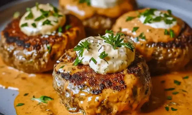 Close-up of a feta-stuffed burger on a lettuce wrap, drizzled with tomato cream — Best Keto Burgers styled to highlight Keto Feta and a tasty Keto Dinner Beef option.