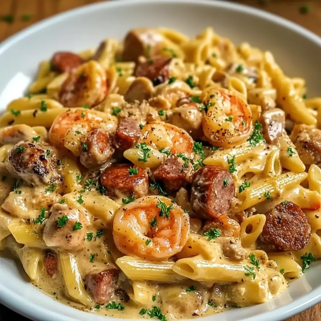 Close-up of a creamy Cajun pasta piled high with shrimp, chicken, and sausage — a festive plate made for Louisiana Meals, ideal for Cajun Christmas Food Ideas or classic Cajun Christmas Food, and a tasty example of Cajun Food Recipes Authentic, New Orleans Style Food.