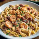 Close-up of a creamy Cajun pasta piled high with shrimp, chicken, and sausage — a festive plate made for Louisiana Meals, ideal for Cajun Christmas Food Ideas or classic Cajun Christmas Food, and a tasty example of Cajun Food Recipes Authentic, New Orleans Style Food.