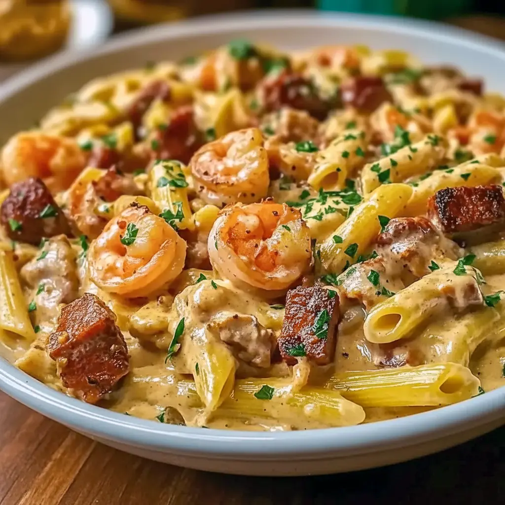 Close-up of a creamy Cajun pasta piled high with shrimp, chicken, and sausage — a festive plate made for Louisiana Meals, ideal for Cajun Christmas Food Ideas or classic Cajun Christmas Food, and a tasty example of Cajun Food Recipes Authentic, New Orleans Style Food.