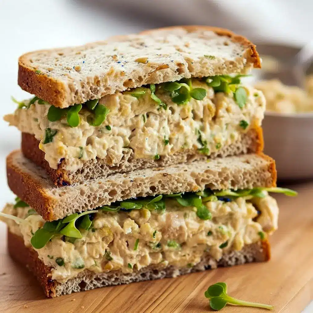 Open-faced chickpea salad sandwich on whole-grain bread topped with romaine, tomato slices, and chopped parsley, styled on a wooden board, Chickpea Sandwich Lunch Idea.