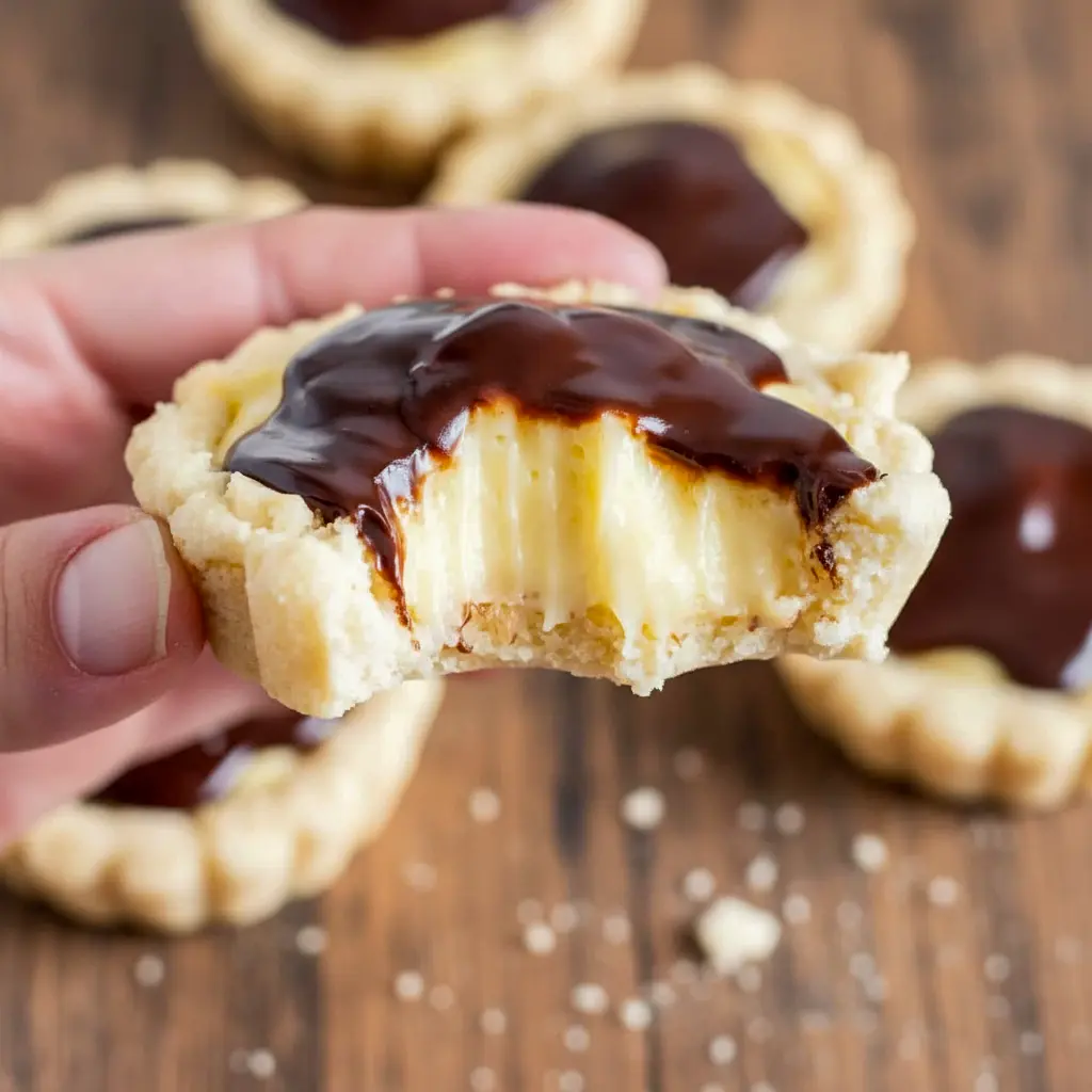 Tray of Boston Cream Pie Cookies: golden cookie cups filled with creamy custard and topped with shiny chocolate ganache — a dreamy example of The Best Cookie Recipes Ever with decadent Cookie Fillings.