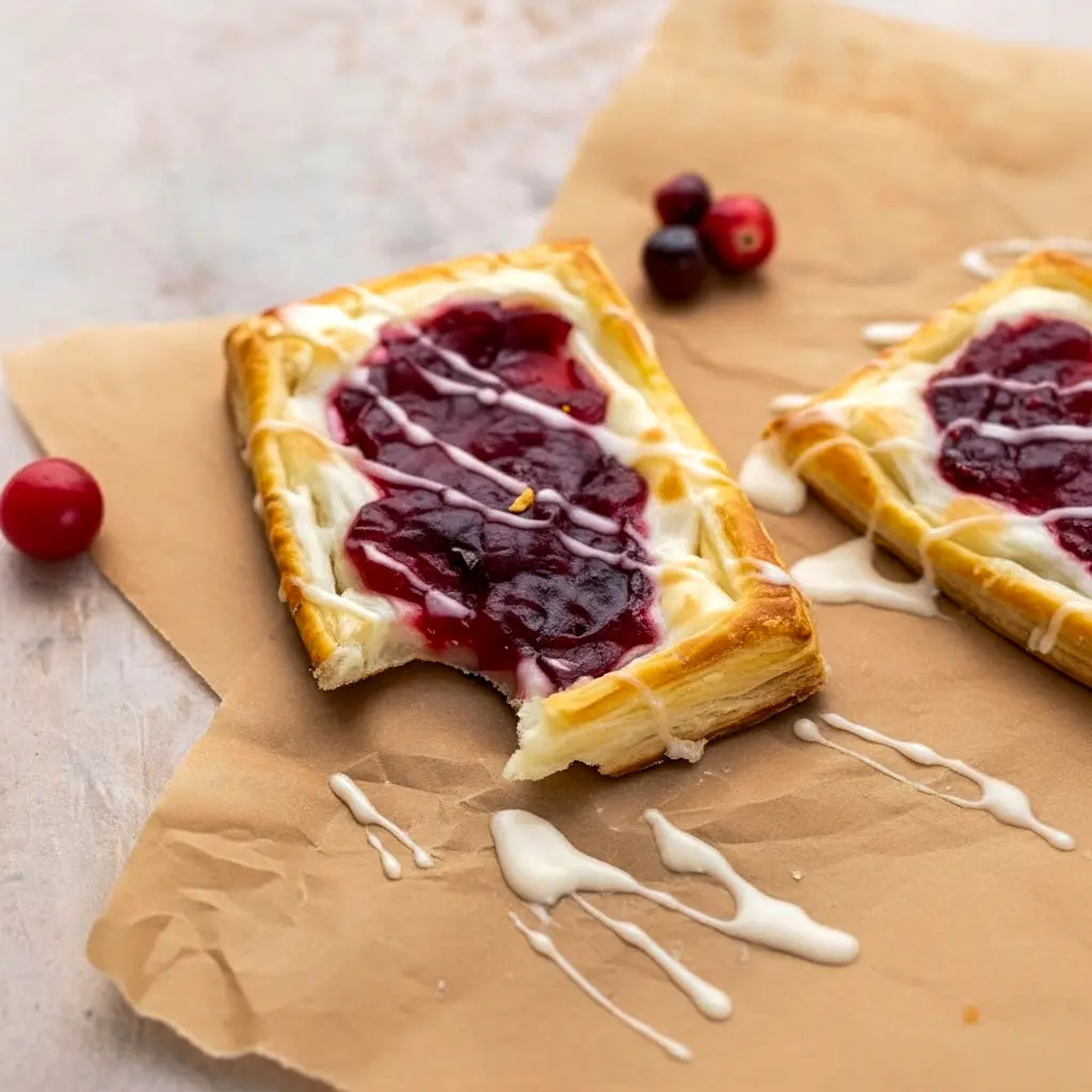 Golden puff-pastry danish filled with creamy cheese and glossy cranberry topping, drizzled with vanilla glaze on a marble board, What To Do With Cranberry Sauce.