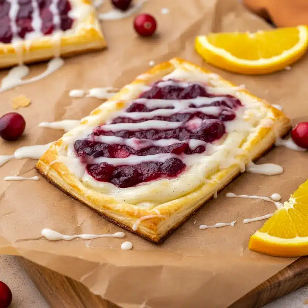 Golden puff-pastry danish filled with creamy cheese and glossy cranberry topping, drizzled with vanilla glaze on a marble board, What To Do With Cranberry Sauce.