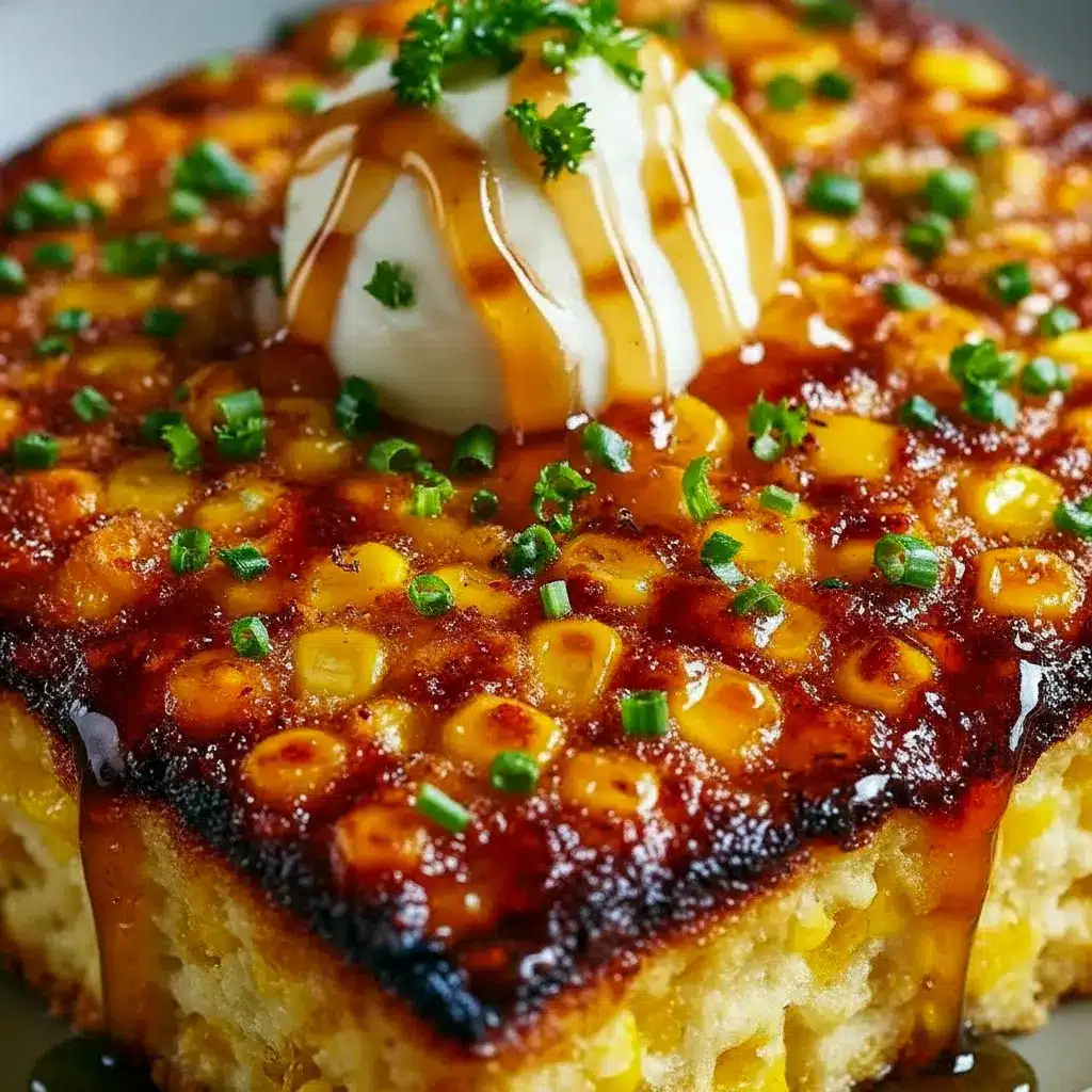 Close-up of a golden Baked Corn Casserole topped with honey glaze and melted cheese, sliced and ready to serve — a delicious Corn Side Dish Recipes example and classic Corn Recipe for holidays.