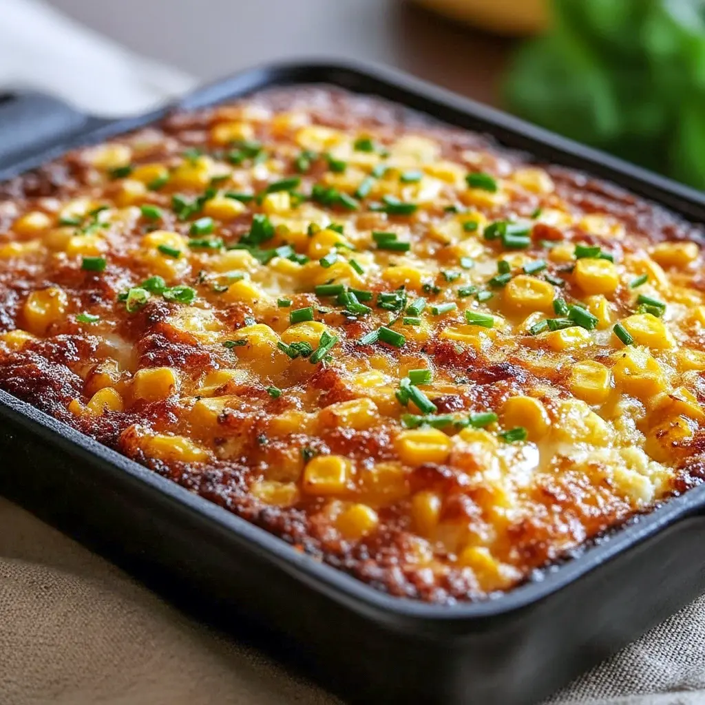 Close-up of a golden Baked Corn Casserole topped with honey glaze and melted cheese, sliced and ready to serve — a delicious Corn Side Dish Recipes example and classic Corn Recipe for holidays.