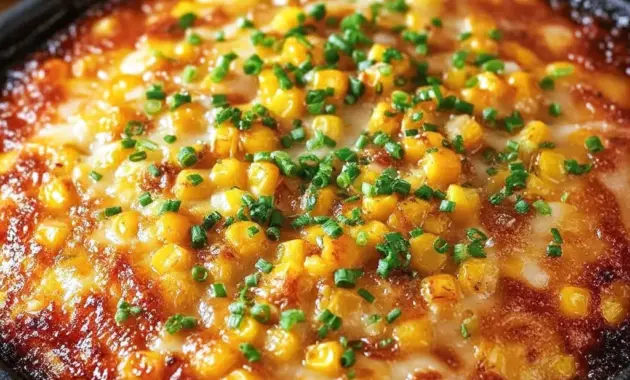 Close-up of a golden Baked Corn Casserole topped with honey glaze and melted cheese, sliced and ready to serve — a delicious Corn Side Dish Recipes example and classic Corn Recipe for holidays.