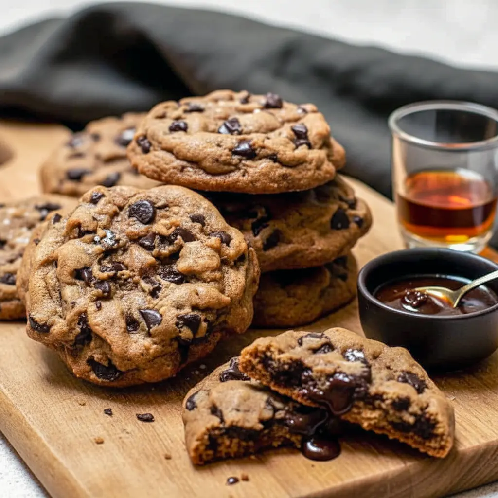 Cozy Dessert Recipes: close-up of a gooey bourbon browned-butter chocolate chip cookie, molten chocolate oozing from the center with golden edges and a sprinkle of flaky sea salt.
