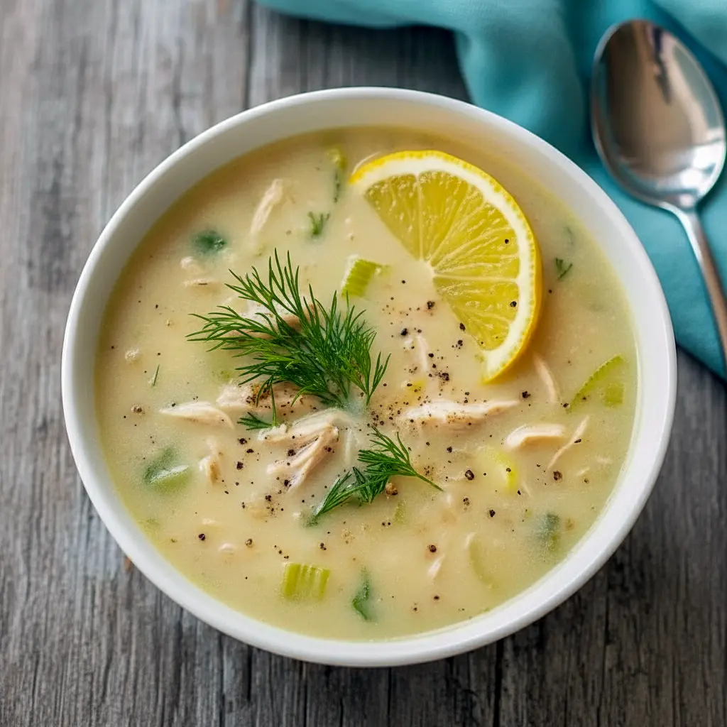 Steaming bowl of Healing Soup (Avgolemono) with shredded chicken, rice, lemon wedge, and a sprinkle of fresh dill — a cozy Avgolemono Soup presentation.