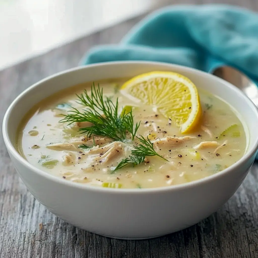 Steaming bowl of Healing Soup (Avgolemono) with shredded chicken, rice, lemon wedge, and a sprinkle of fresh dill — a cozy Avgolemono Soup presentation.