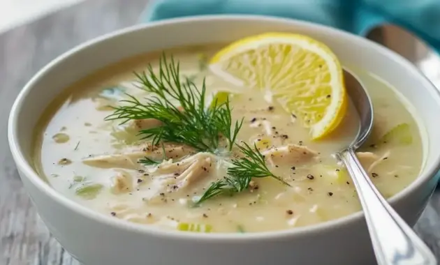 Steaming bowl of Healing Soup (Avgolemono) with shredded chicken, rice, lemon wedge, and a sprinkle of fresh dill — a cozy Avgolemono Soup presentation.