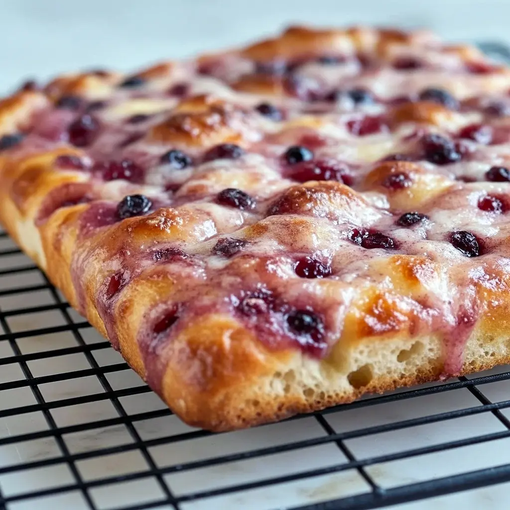 Close-up of a golden, jam-stuffed Focaccia Bread square with glossy fruit filling and a light sugar dusting — a Jam Donut–inspired sweet focaccia ready for brunch.